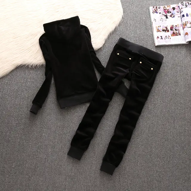 New Autumn Leisure Sports Suit Women's Velvet Slim fit Hood Straight Solid Color 611 Black - Shop at LoveMi