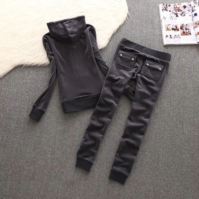 New Autumn Leisure Sports Suit Women's Velvet Slim fit Hood Straight Solid Color 611 Charcoal Gray - Shop at LoveMi
