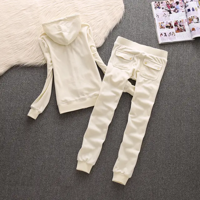 New Autumn Leisure Sports Suit Women's Velvet Slim fit Hood Straight Solid Color 611 Milky White - Shop at LoveMi