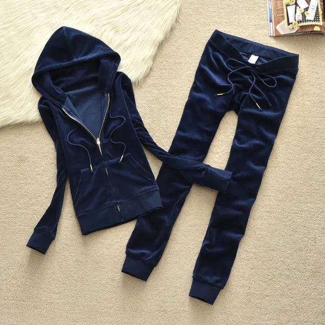 New Autumn Leisure Sports Suit Women's Velvet Slim fit Hood Straight Solid Color 611 Royal Blue - Shop at LoveMi