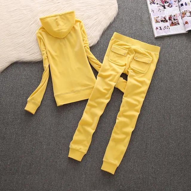 New Autumn Leisure Sports Suit Women's Velvet Slim fit Hood Straight Solid Color 611 Yellow - Shop at LoveMi