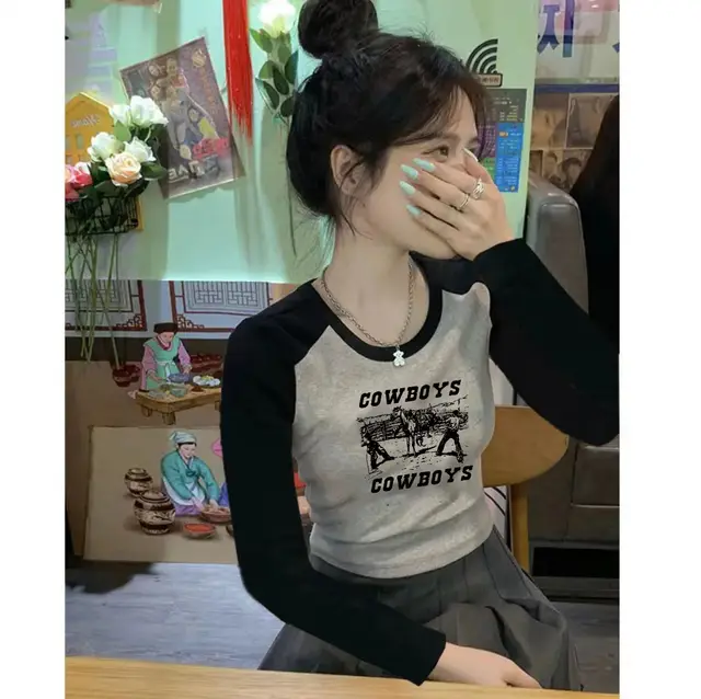 Raglan Bottoming Shirt Women's Autumn And Winter Style Dralon Thickened Western Style Inner Wear Black And Gray - Shop at LoveMi