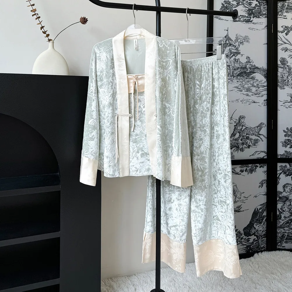 Women's Fall Long Sleeve With Chest Pad Gold Velvet Pajamas Three piece Set Green - Shop at LoveMi