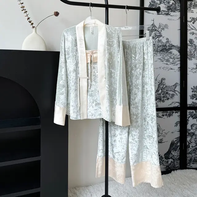 Women's Fall Long Sleeve With Chest Pad Gold Velvet Pajamas Three piece Set Light Green - Shop at LoveMi
