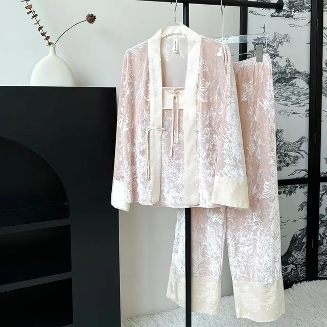 Women's Fall Long Sleeve With Chest Pad Gold Velvet Pajamas Three piece Set Pink - Shop at LoveMi