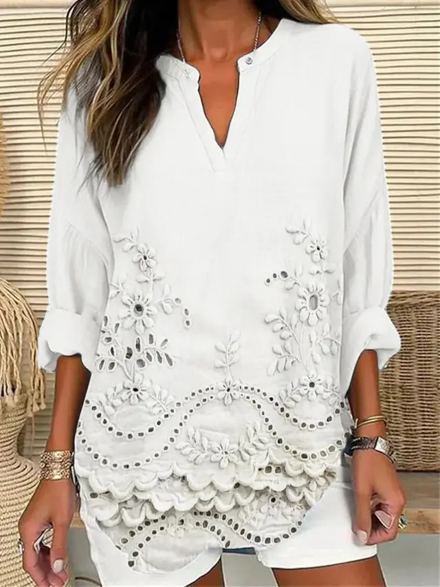 Loose V neck Printed Long Sleeved Shirt Style 24 - Shop at LoveMi