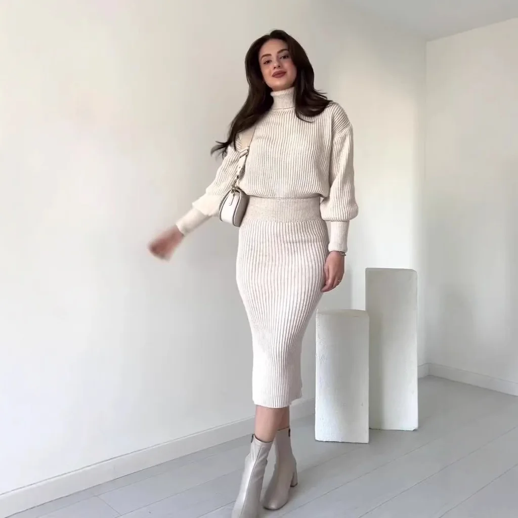 Autumn New Solid Color Turtleneck Slim Fit Knitting Suit - White