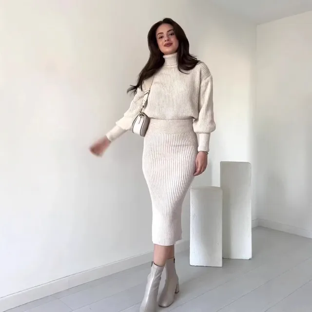 Autumn New Solid Color Turtleneck Slim Fit Knitting Suit White - Shop at LoveMi