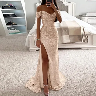Female Creative Solid Color Sparkling Slit Dress Gold - Shop at LoveMi