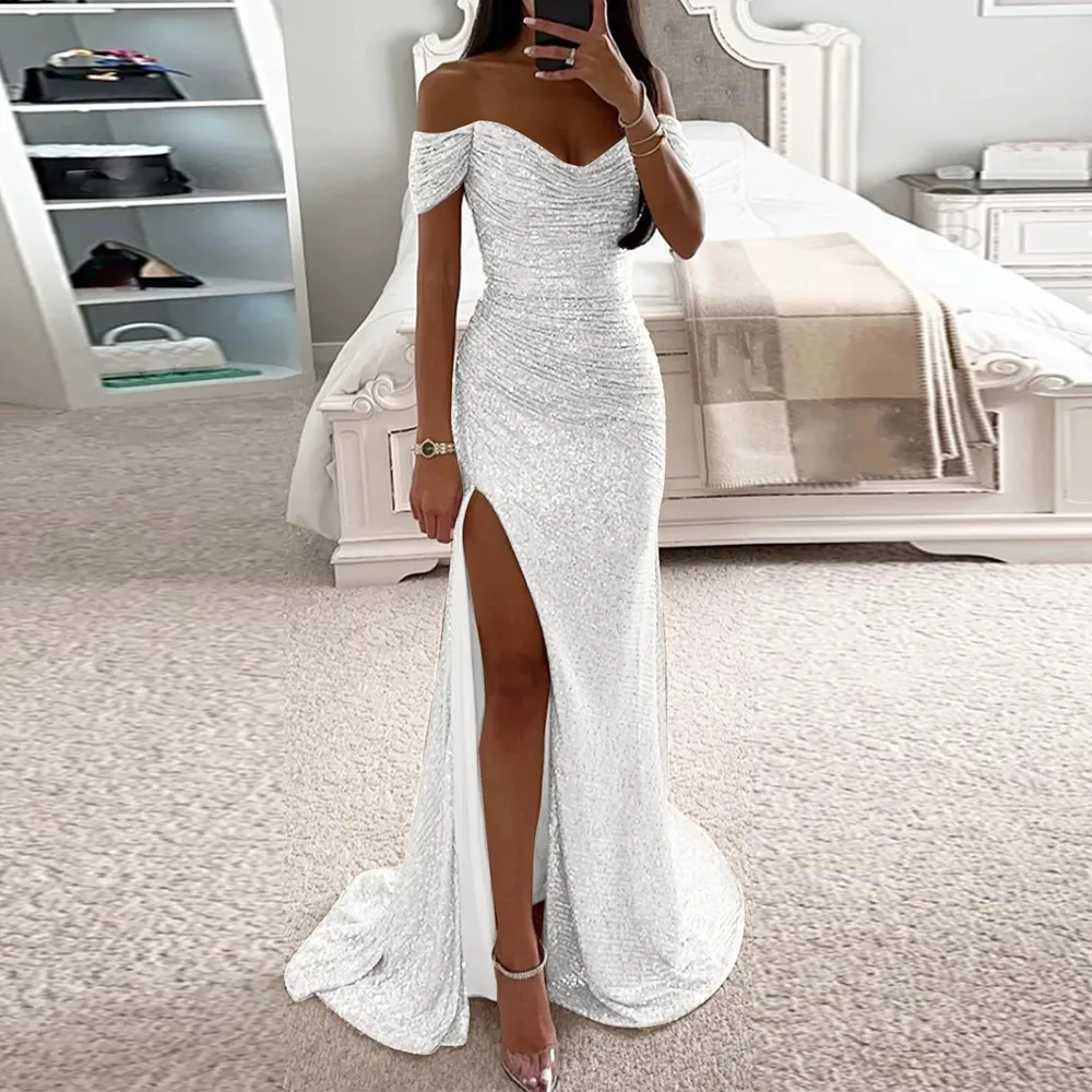 Female Creative Solid Color Sparkling Slit Dress Silver - Shop at LoveMi