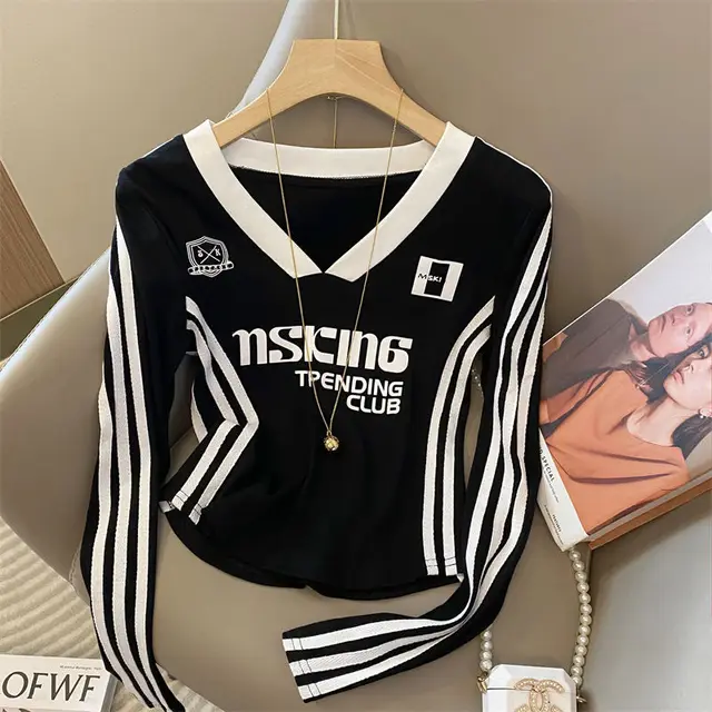 Design Sense Stitching Stripe Long Sleeves T shirt Female Autumn Niche Letter Printing Black - Shop at LoveMi