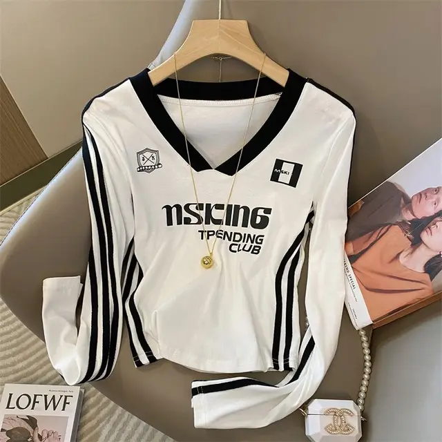 Design Sense Stitching Stripe Long Sleeves T shirt Female Autumn Niche Letter Printing White - Shop at LoveMi