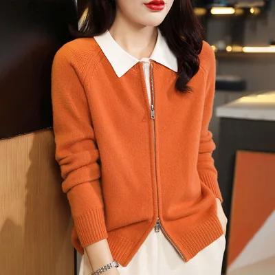 Autumn And Winter Pure Wool Cardigan Women's Round Neck Loose Emma Orange - Shop at LoveMi
