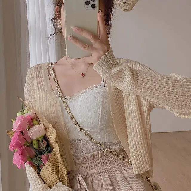 Short Ice Silk Sun Protection Outerwear Knitted Cardigan Women Coat Sling Dress Small Outerwear Apricot Beige - Shop at LoveMi