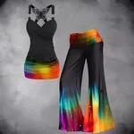 Women's Top Sleeveless Waist T Bell-bottom Pants Trousers Suit - Picture Color-Xxl