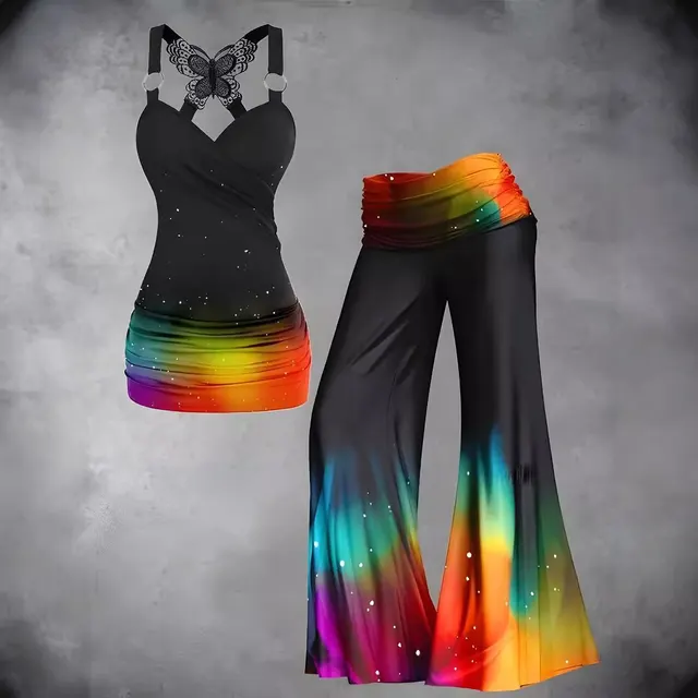 Women's Top Sleeveless Waist T Bell bottom Pants Trousers Suit Picture Color - Shop at LoveMi