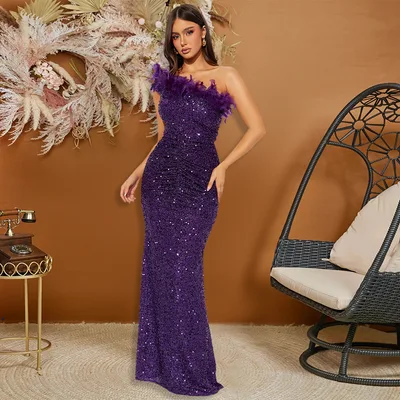 Black Paillette Feather Stitching Sequin Sexy Evening Dress Women Purple - Shop at LoveMi