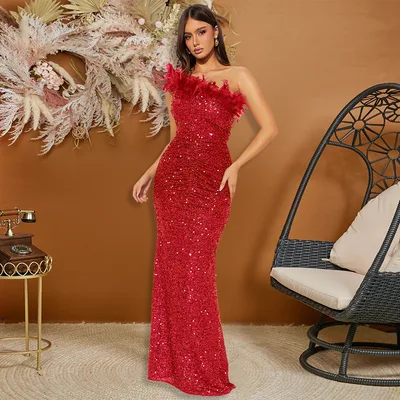 Black Paillette Feather Stitching Sequin Sexy Evening Dress Women Red - Shop at LoveMi