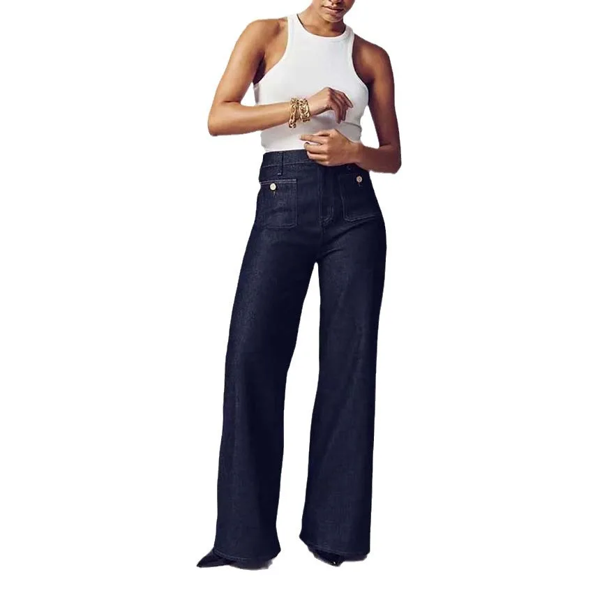 Women's Loose Plus Size Leisure Washed out Button Wide leg Pants Skinny Dark Blue Lengthened - Shop at LoveMi