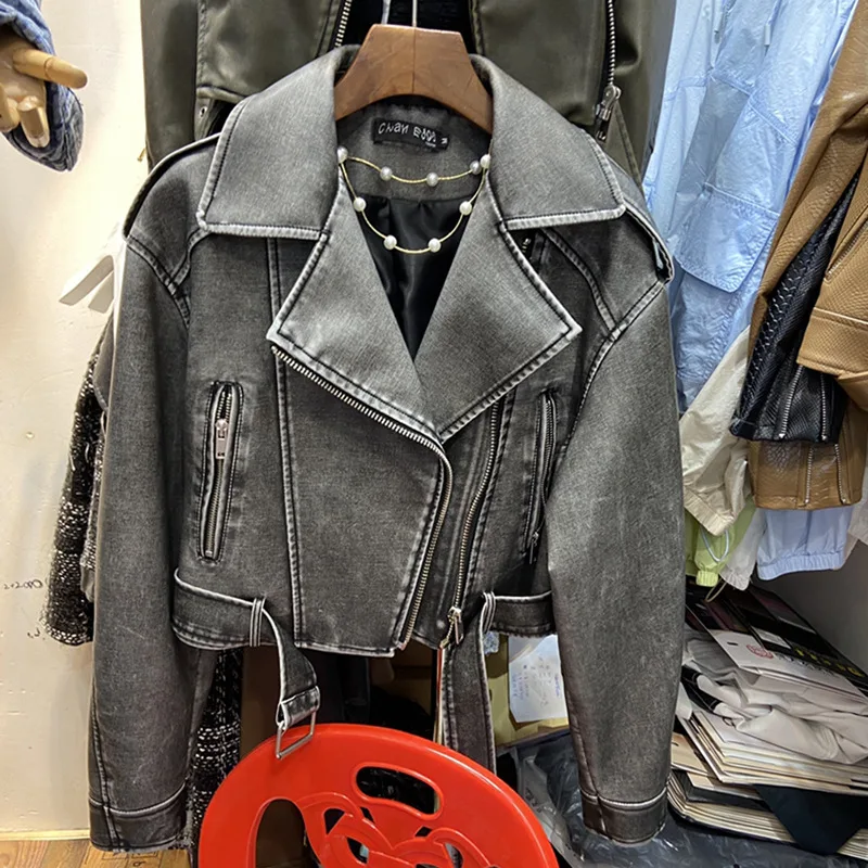 Style Retro Coat Women's Short Spring And Autumn New Casual Pop Motorcycle PU Leather Jacket Gray - Shop at LoveMi
