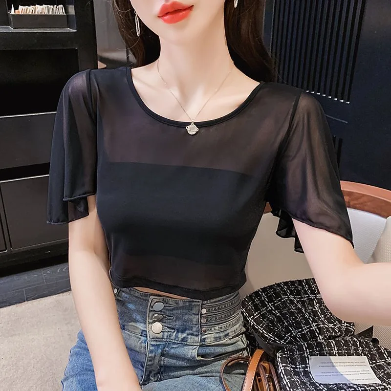 Fashionable All-match Ultra-thin Mesh Base Blouse For Women - Black 183 Bat Sleeve