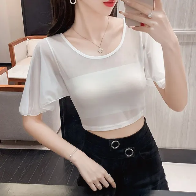 Fashionable All match Ultra thin Mesh Base Blouse For Women White 183 Bat Sleeve - Shop at LoveMi