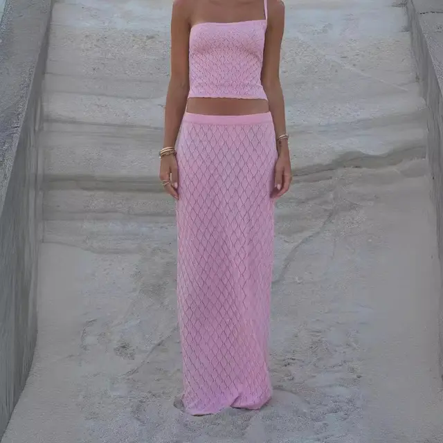 Women's Knitted Beach Short Show Belly Backless Camisole Long Skirt Two piece Set Pink Suits - Shop at LoveMi