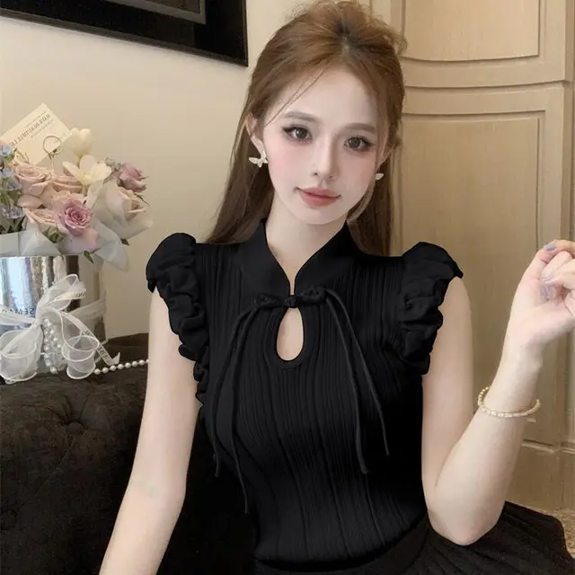 New Retro Buckle Puffed Sleeves Elegant Top Black - Shop at LoveMi