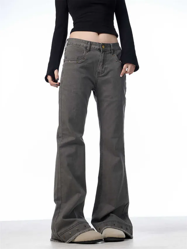 Retro Skinny Jeans Women's High Waist Stretch Flared Pants Grey Green - Shop at LoveMi