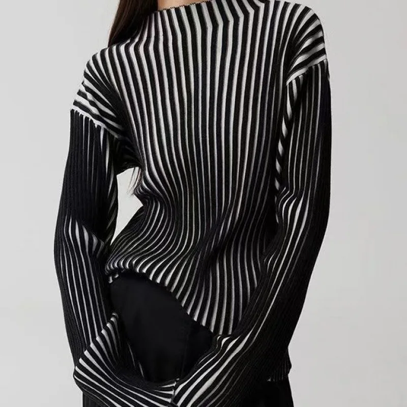 Long Sleeve Sweater Black And White Contrast Color Texture Half Turtleneck Sweater White - Shop at LoveMi