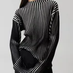 Long Sleeve Sweater Black And White Contrast Color Texture Half Turtleneck Sweater - White