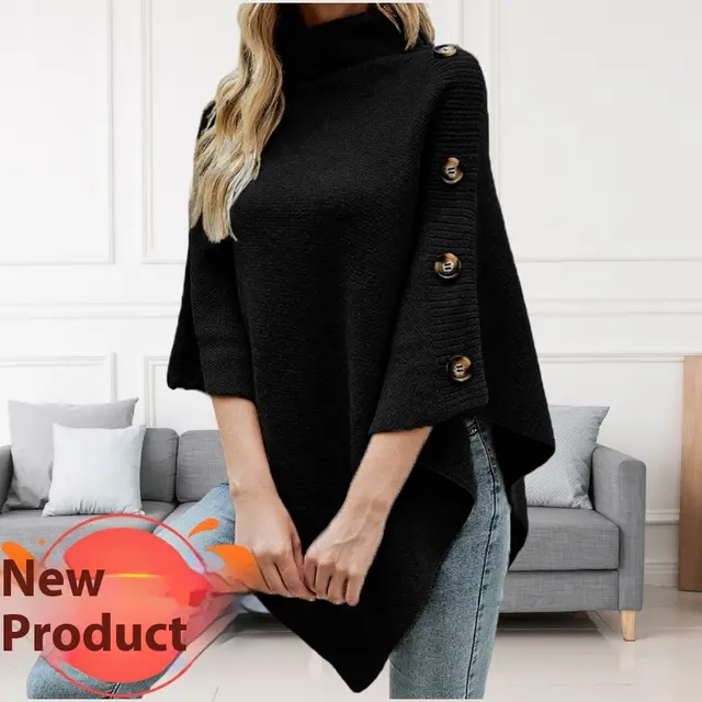 Autumn And Winter New Solid Color Turtleneck Shawl Cape Slit Knit Sweater Black - Shop at LoveMi