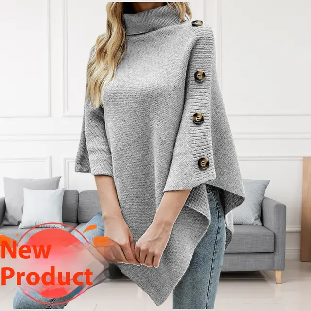Autumn And Winter New Solid Color Turtleneck Shawl Cape Slit Knit Sweater Gray - Shop at LoveMi
