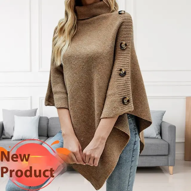 Autumn And Winter New Solid Color Turtleneck Shawl Cape Slit Knit Sweater Khaki - Shop at LoveMi
