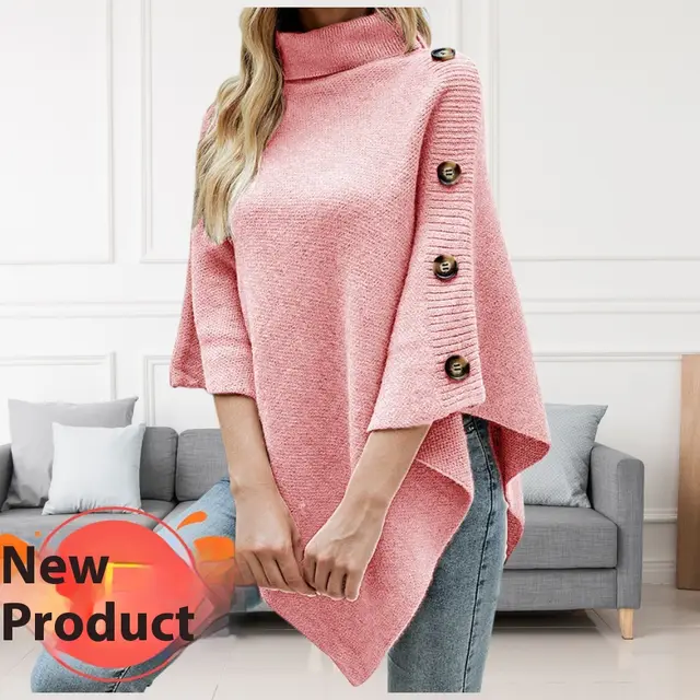 Autumn And Winter New Solid Color Turtleneck Shawl Cape Slit Knit Sweater Pink - Shop at LoveMi