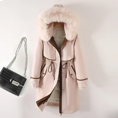 Women's Cotton padded Coat With Removable Lining Hooded Down Beige - Shop at LoveMi