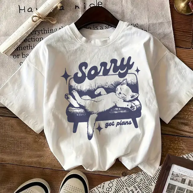 Sorry Cat Print Cotton T shirt For Women White - Shop at LoveMi