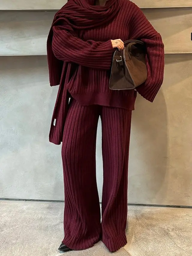 Solid Color Sweater Scarf Collar Suit New Casual Style Round Neck Wine Red Sweater Suit - Shop at LoveMi