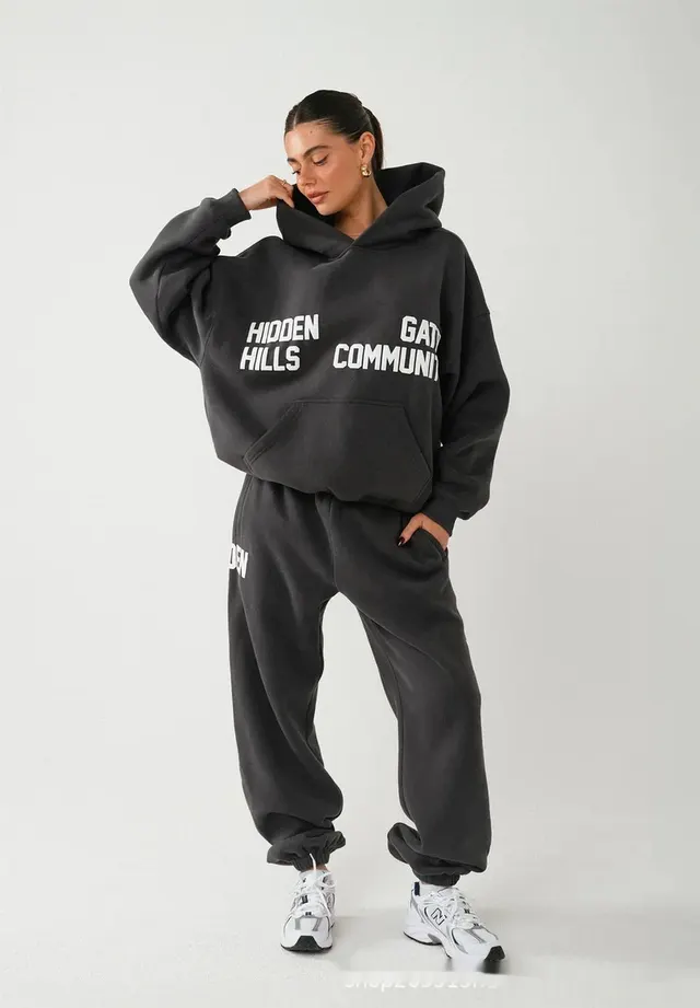 Autumn And Winter Fashion Brand Fashion Printed Pullover Long Sleeve Hooded Sweater Set Dark Gray - Shop at LoveMi