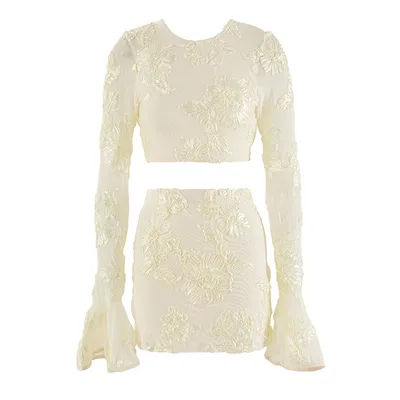 Exquisite Embroidered Flowers Backless T shirt Skirt Suit Apricot - Shop at LoveMi