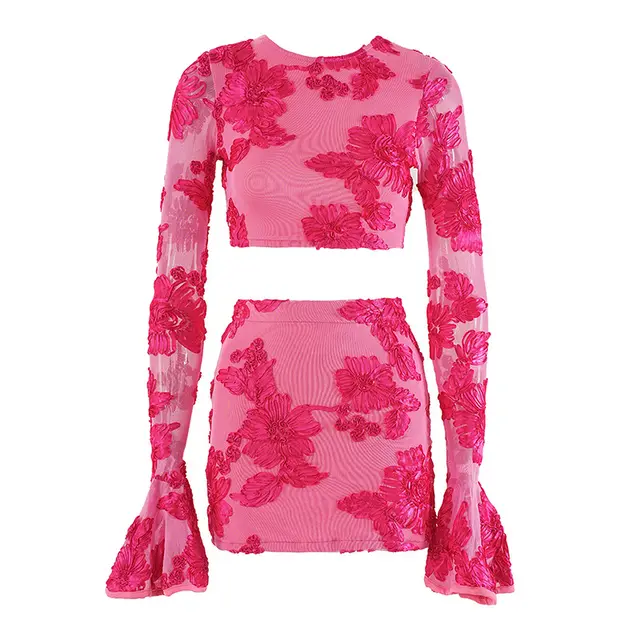 Exquisite Embroidered Flowers Backless T shirt Skirt Suit Rose Red - Shop at LoveMi
