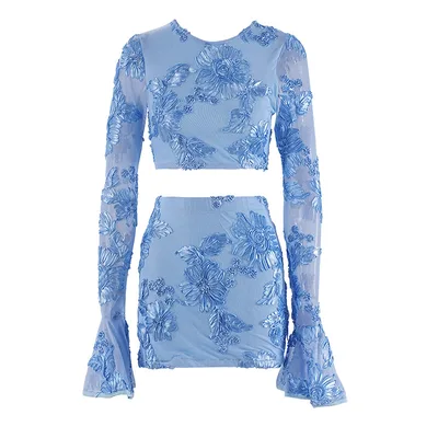 Exquisite Embroidered Flowers Backless T shirt Skirt Suit Sky Blue - Shop at LoveMi