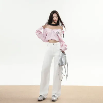 Winter Trend Rhinestone White Soft Wide Leg Mopping Jeans Trousers Lengthened Hot Drilling White Ninth - Shop at LoveMi