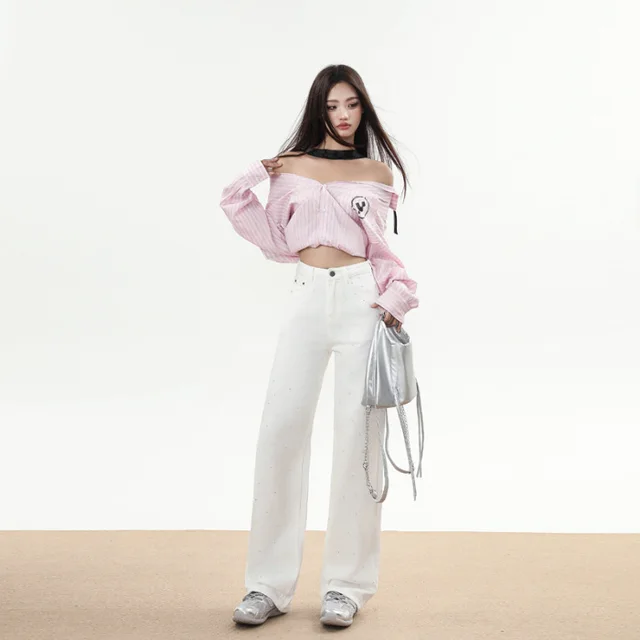Winter Trend Rhinestone White Soft Wide Leg Mopping Jeans Trousers Lengthened Hot Drilling White Trousers - Shop at LoveMi