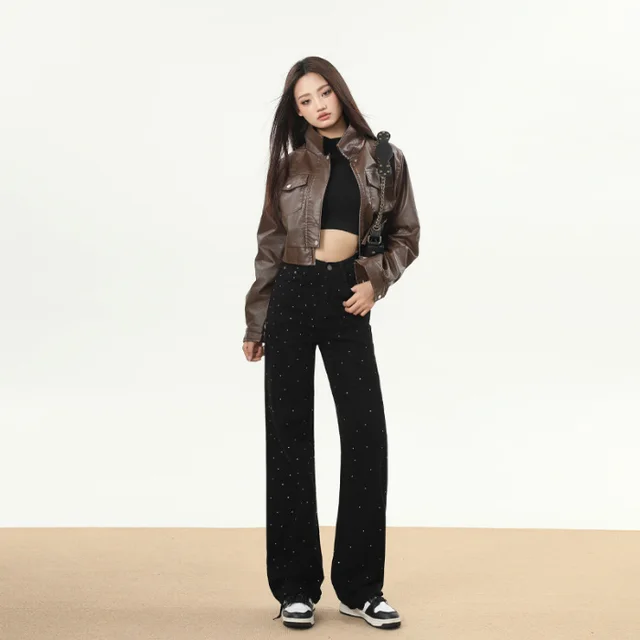 Winter Trend Rhinestone White Soft Wide Leg Mopping Jeans Trousers Lengthened Rhinestone Black Trousers - Shop at LoveMi