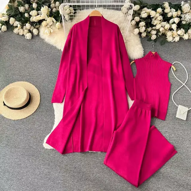 Women's Fashion Casual Knitted Three piece Suit Rose Red - Shop at LoveMi