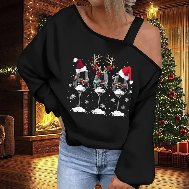 Christmas Women's Fashion Trend Diagonal Collar T shirt Ncx09Pl15657 - Shop at LoveMi