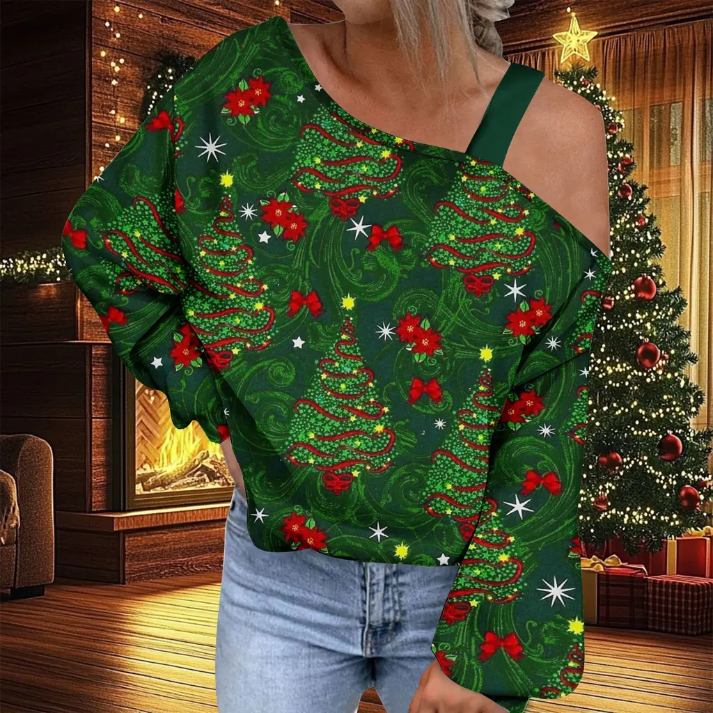 Christmas Women's Fashion Trend Diagonal Collar T-shirt - Ncx09Pl15658
