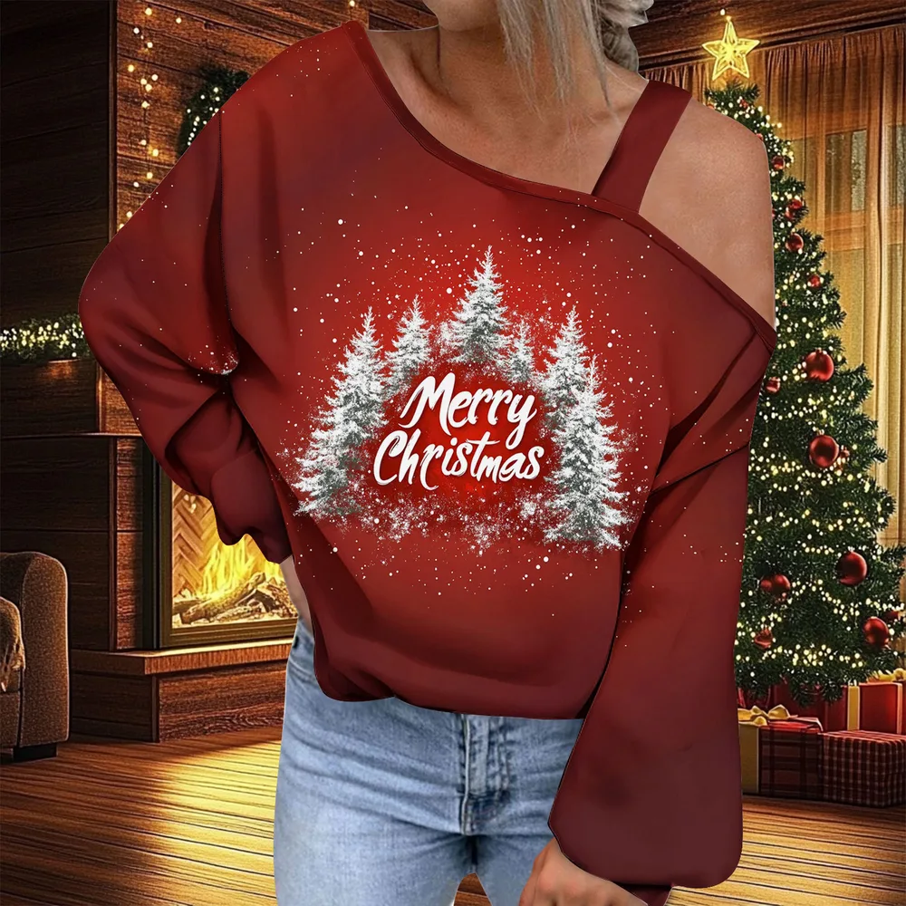 Christmas Women's Fashion Trend Diagonal Collar T shirt Ncx09Pl15666 Xl - Shop at LoveMi