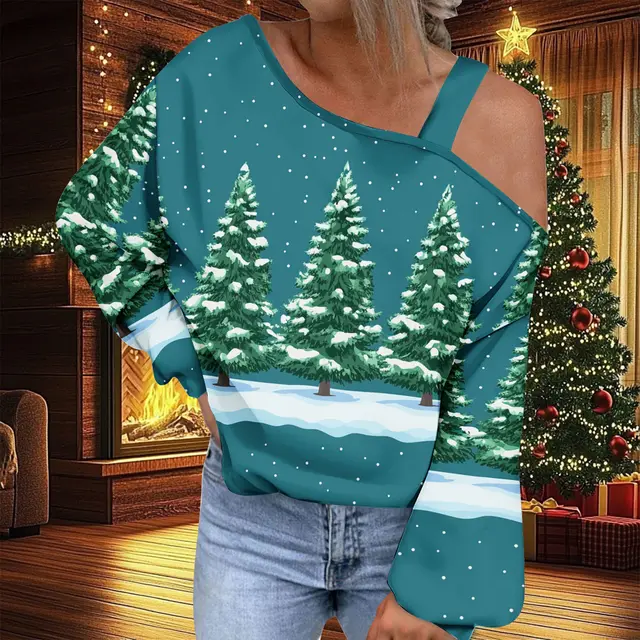 Christmas Women's Fashion Trend Diagonal Collar T shirt Ncx09Pl15668 - Shop at LoveMi